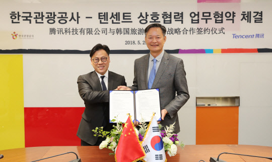 한국관광공사가 29일 공사 서울센터에서 개최한 중국 최대 IT 기업 '텐센트'와의 업무협약식에서 민민홍 한국관광공사 국제관광본부장(오른쪽)과 정샹린 텐센트 부총재가 협약 체결 후 기념촬영을 하고 있다. 이번 협약으로 양사는 방한관광 활성화로 각종 사업을 진행할 예정이다. <한국관광공사 제공>